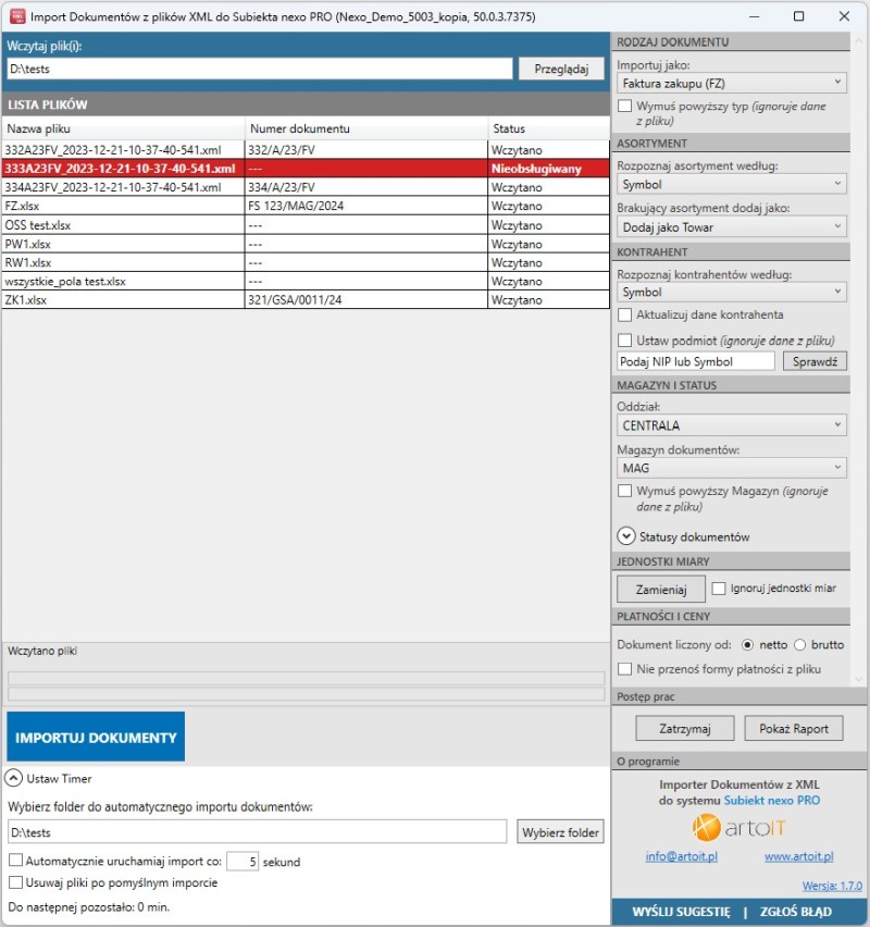 główne okno programu Subiekt nexo Import dokumentów z XML