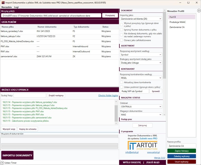 główne okno programu Subiekt nexo Import dokumentów z XML