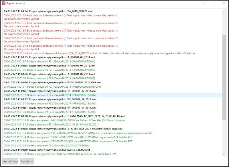 główne raportu z działania programu Subiekt nexo Import dokumentów z XML