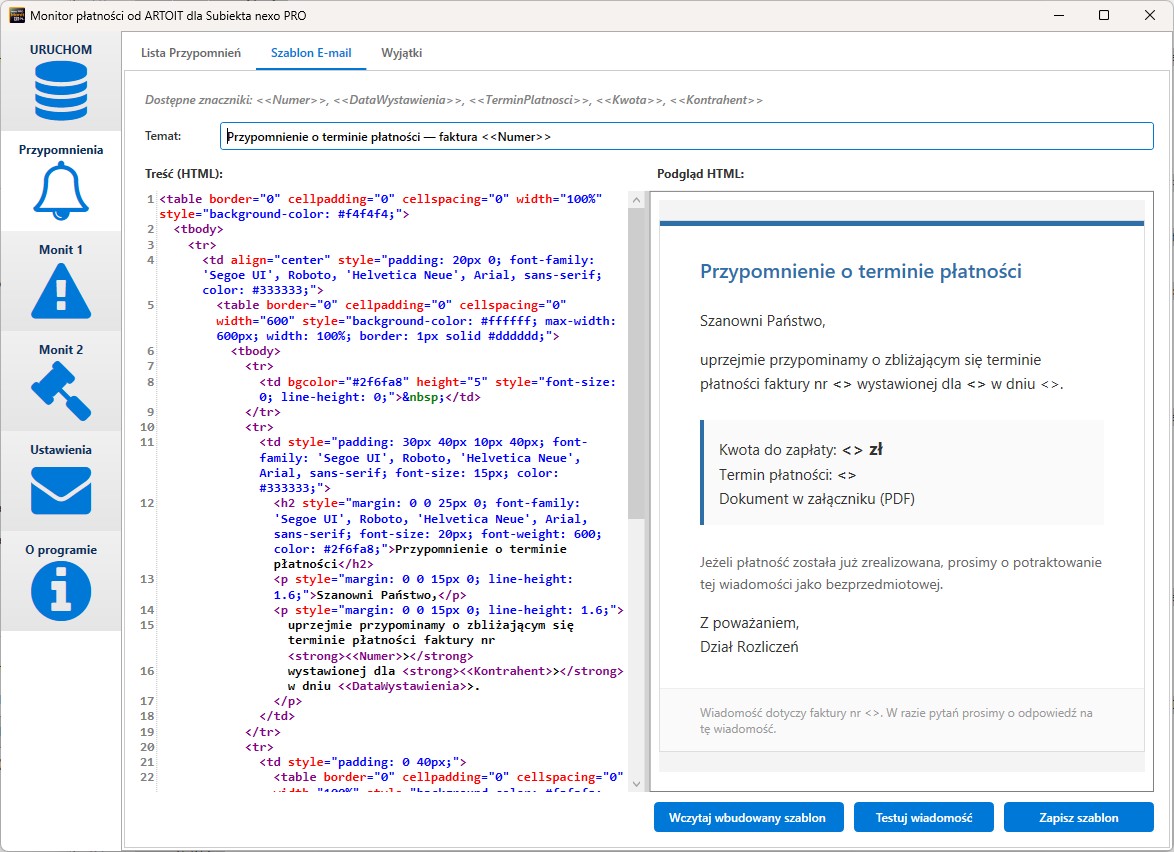 edytor szablonu wiadomości e-mail z podglądem HTML w Monitorze płatności