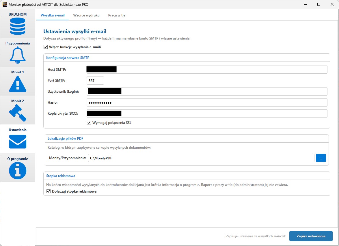 konfiguracja serwera SMTP w module Monitor płatności dla Subiekta nexo PRO
