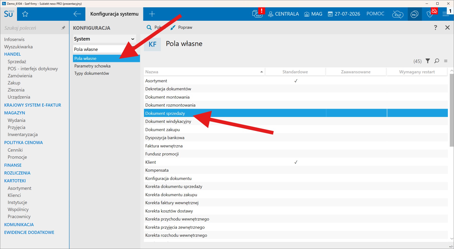 konfiguracja pól własnych dokumentu sprzedaży w Subiekcie nexo PRO