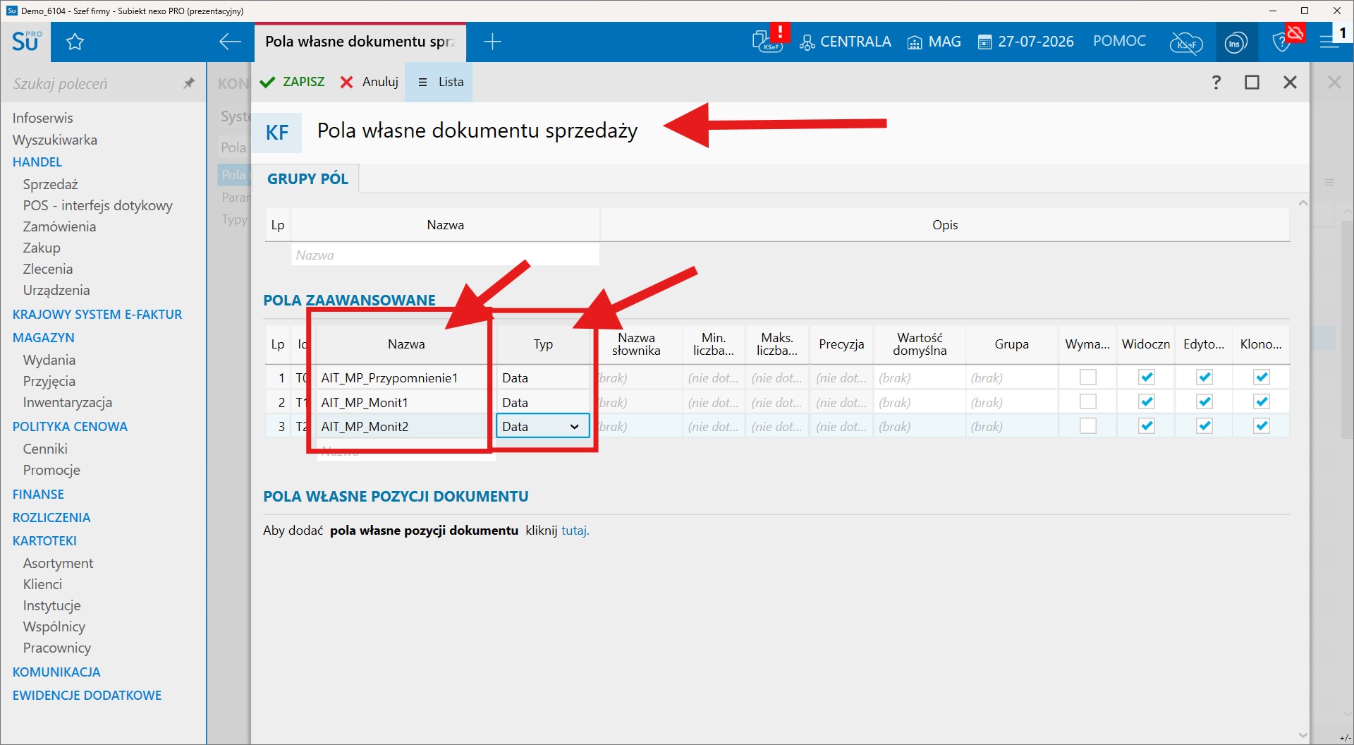 pola własne zaawansowane AIT_MP dodane do dokumentu sprzedaży w nexo PRO