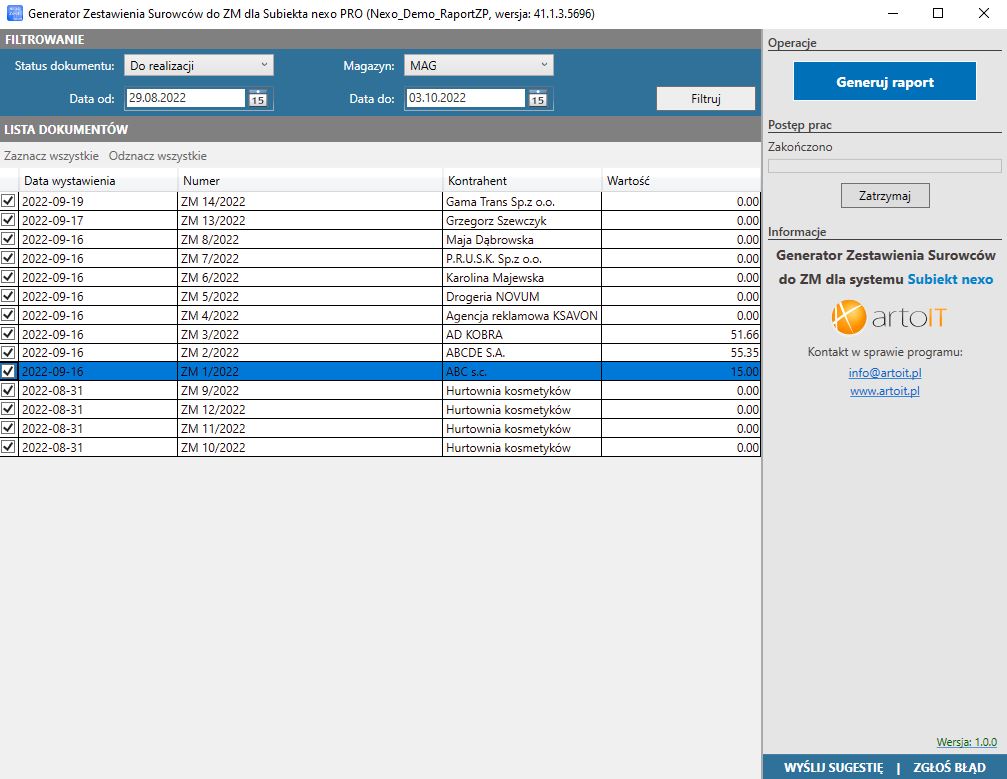 główne okno programu Subiekt nexo PRO Wyliczanie zestawienie materiałów ze Zleceń Montażu