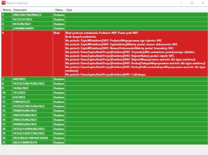 okno raportu programu Import ewidencji VAT do nexo PRO