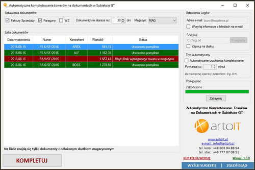 okno programu Subiekt GT Import Automatyczne kompletowanie po kompletowaniu