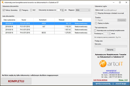 główne okno programu Subiekt GT Automatyczne kompletowanie