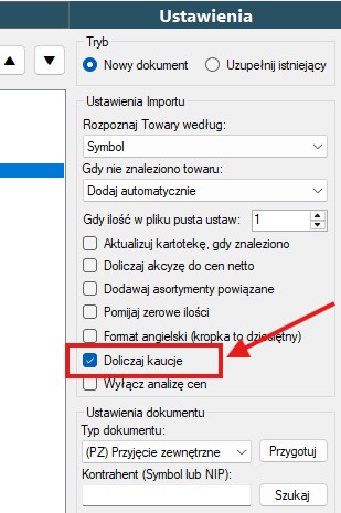 opcja dodawania opakowań z kaucją podczas importu dokumentu do Subiekta GT