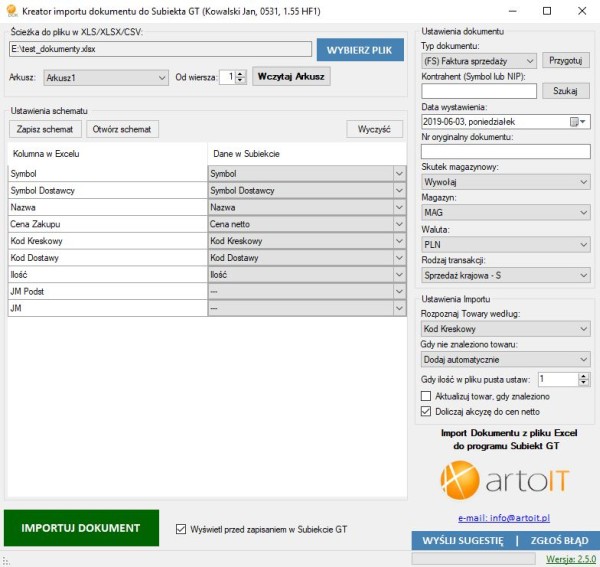 główne okno programu Subiekt GT Import XLS Dokumenty