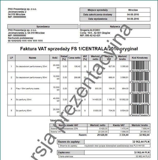 Faktura z kodami kreskowymi