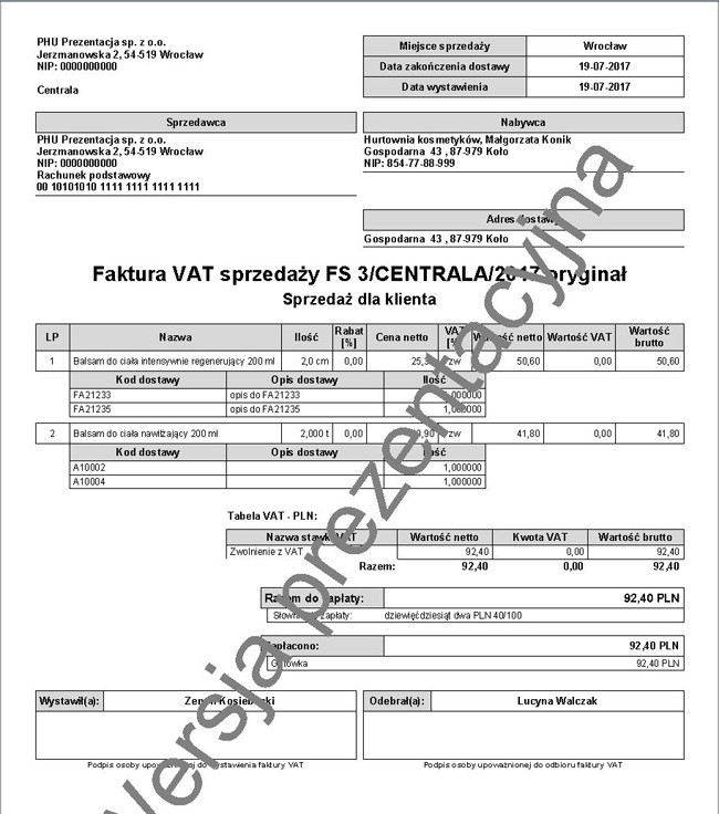 nexo Faktura z kodami dostaw